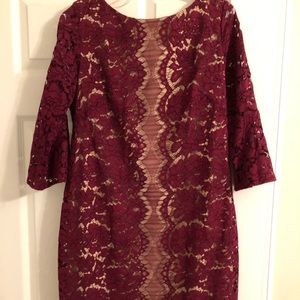 Maroon 3/4 Sleeve Lace Dress